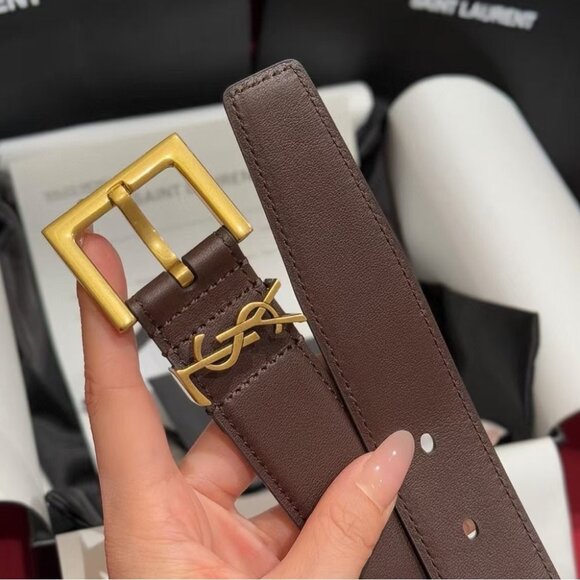 Saint Laurent Brown Belt 3cm 95cm - Gold YSL, New with Box main image 4
